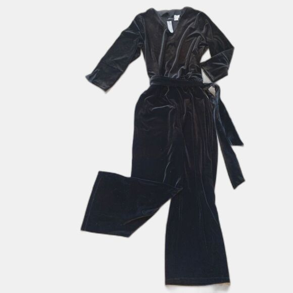 CHICO’S TRAVELERS COLLECTION Black Velvet Jumpsuit Women's Large Belted Wide Leg - Picture 2 of 12